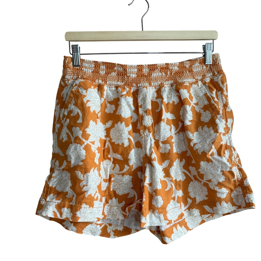 Briggs Floral Smocked Waist Shorts Large Orange Womens Linen Blend